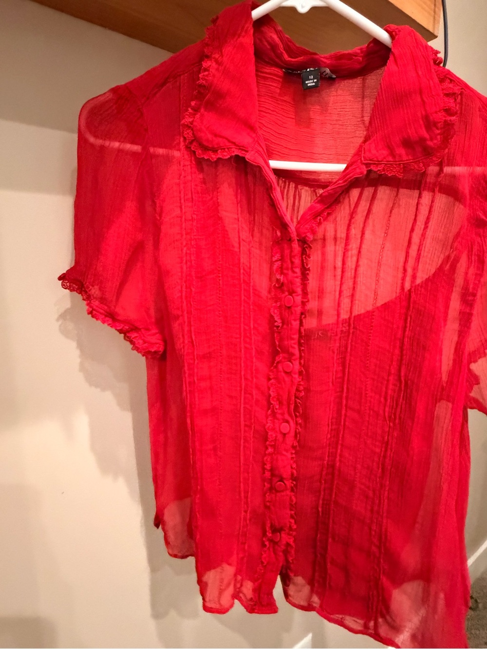 J. Crew Sheer Red Ruffled Button-Front Blouse